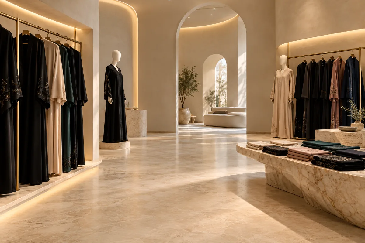 Abaya boutique with embroidered black and coloured abayas on rails and mannequins